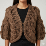 Woman wearing a handmade chunky knit shrug in Bali