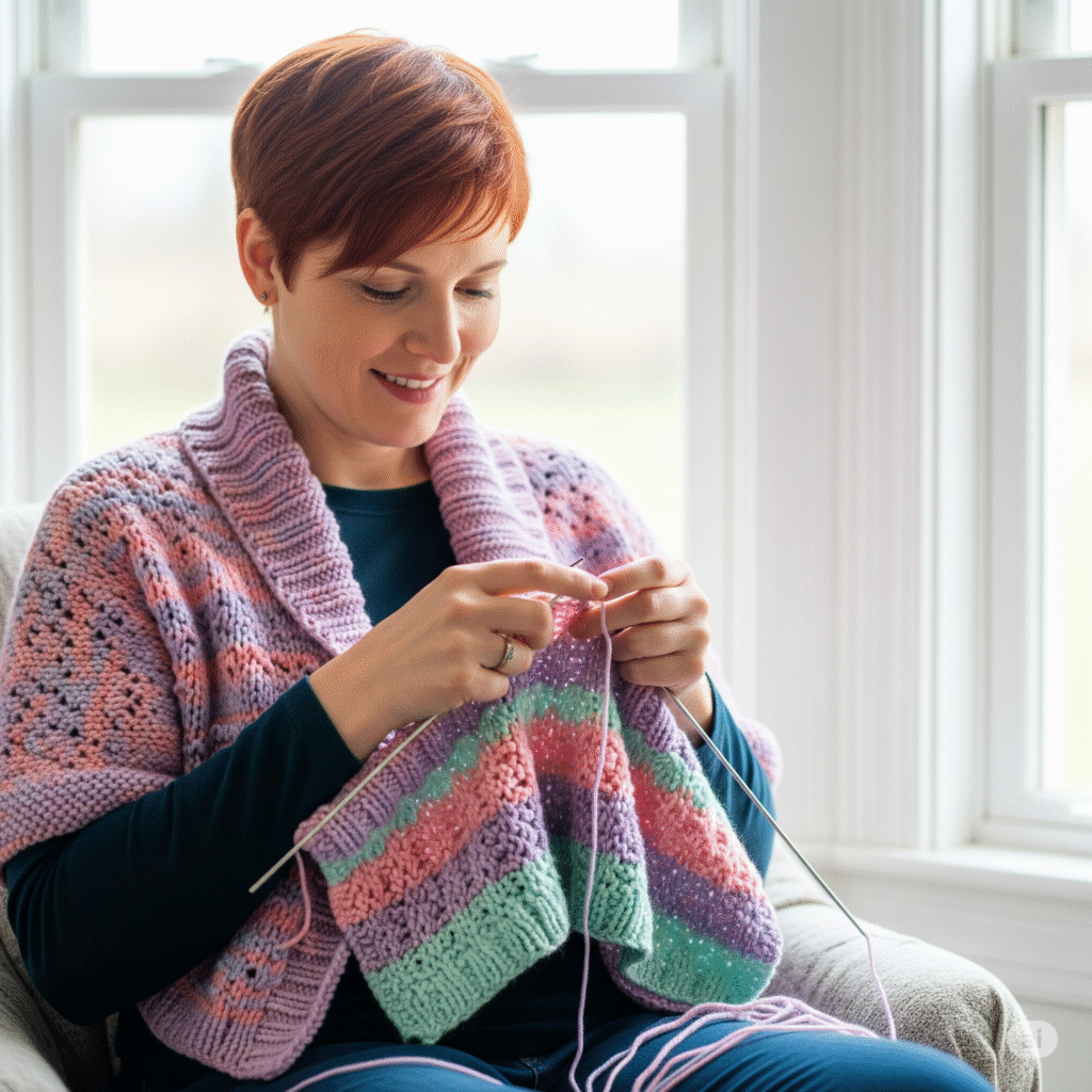 Woman wearing a handmade knitted shrug crafted in Bali