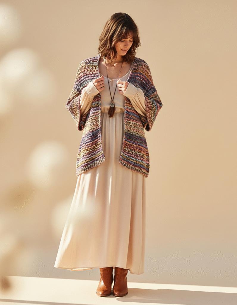 wearing handmade boho knitted shrug in cream color – Bali Knitted Shop