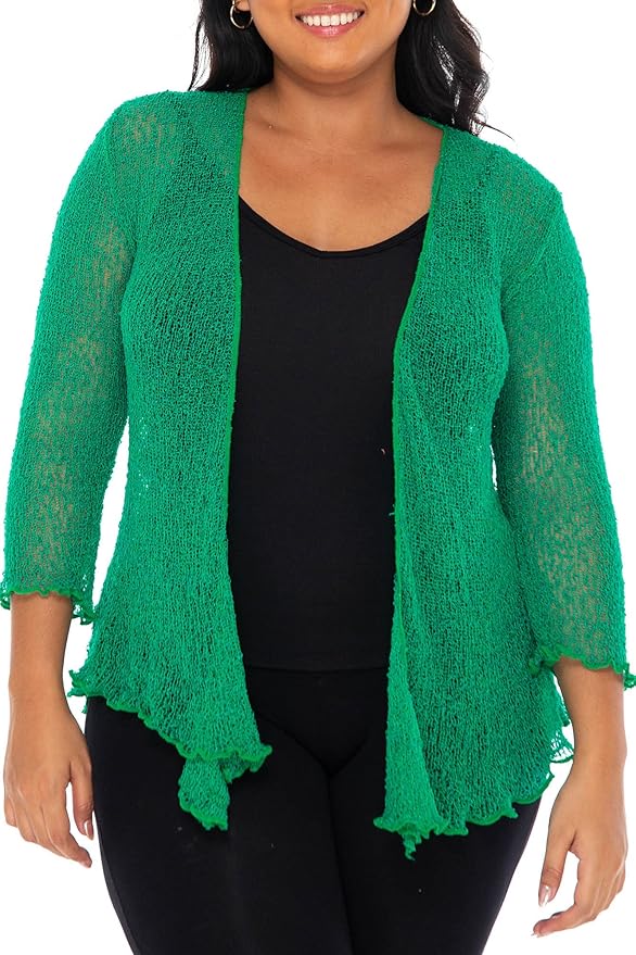 Front view of lightweight sheer knitted shrug on model