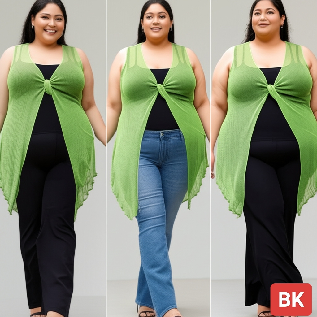 Plus size woman wearing a stylish knitted shrug for casual outfit